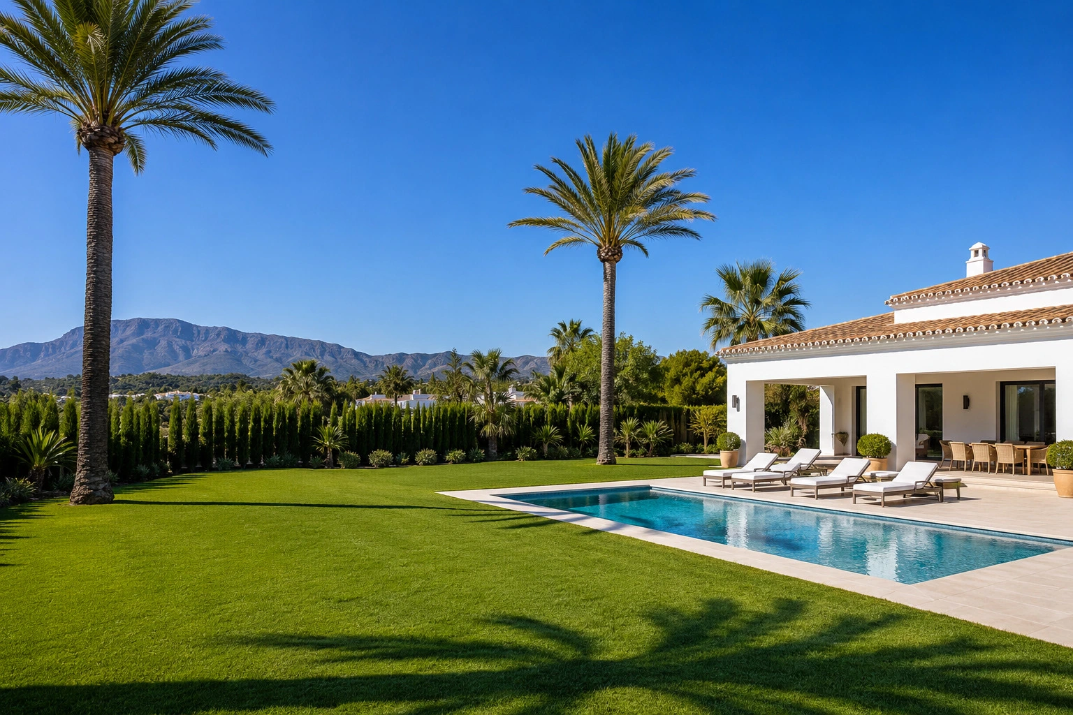 Césped perfecto con palmeras en villa de Javea Marina Alta