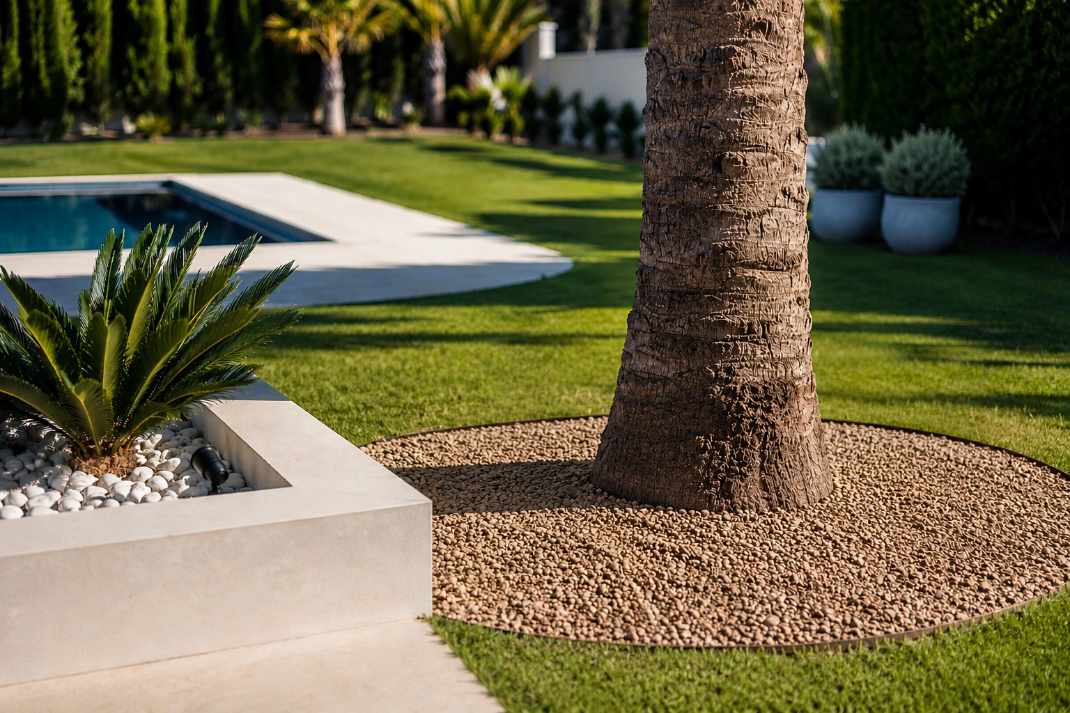 Detalle de jardín con palmera cícada y pavimento en villa de Javea