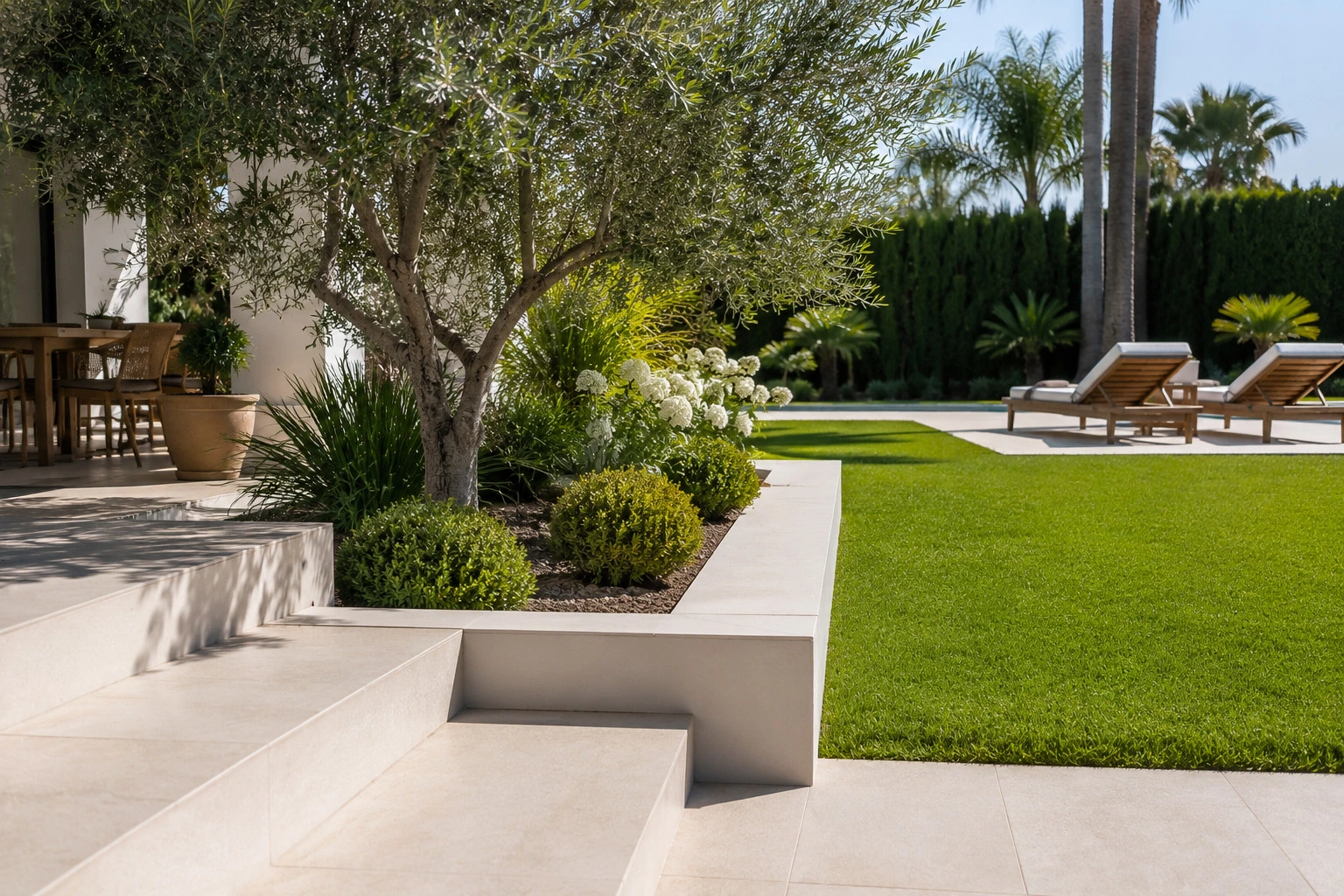 Diseño de jardín con olivo y pavimento porcelánico en villa de Javea