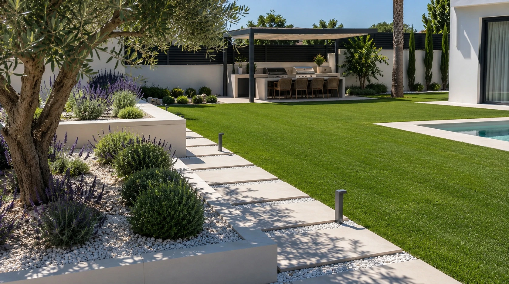 Jardín mediterráneo con lavanda y romero en villa de la Costa Blanca