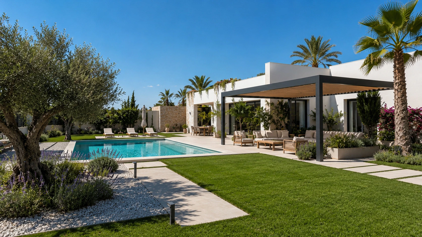 Villa con jardín diseñado por Paisajismo Javea Natural — piscina, olivos y pérgola