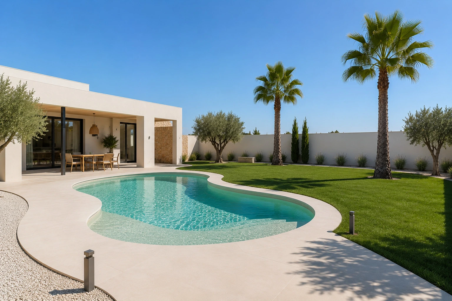 Entorno de piscina natural con palmeras y villa en Javea